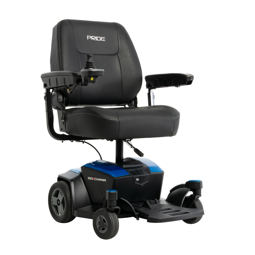 The Pride Mobility Go Chair® Portable Powerchair is a black and blue electric wheelchair with armrests, padded seat and backrest, right-arm joystick control, feather-touch disassembly, four wheels, and the Pride logo on the headrest.